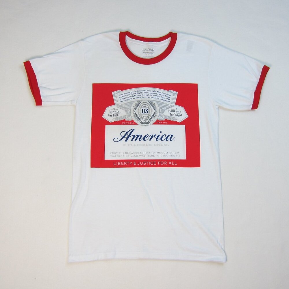 Gildan Women's Ringer T-Shirt White/Red America Liberty & Justice for All Size S